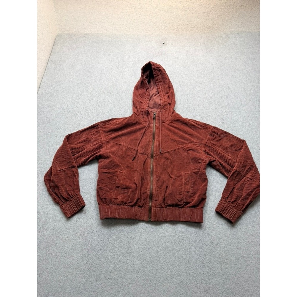 American Eagle Women Rust Brown Corduroy Hooded Zip Up Jacket Cropped Size XS
